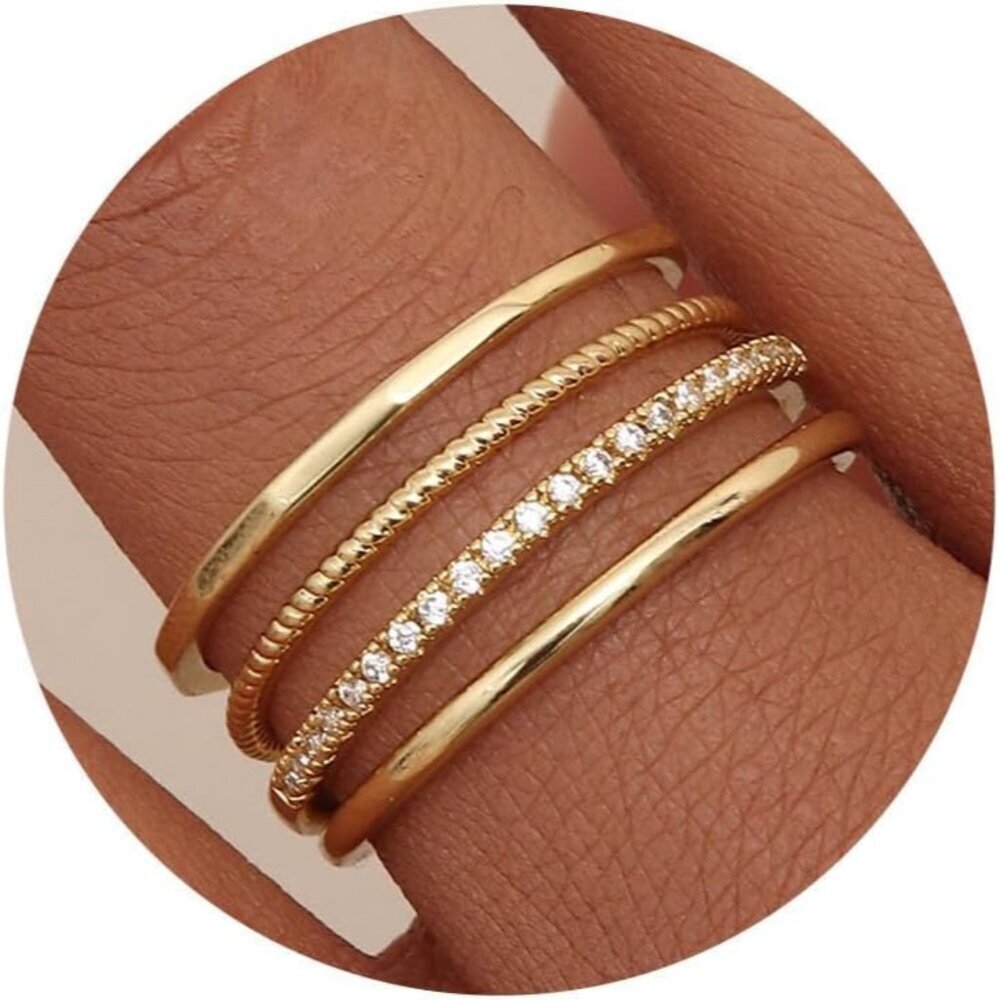 14K Gold Plated Stackable Thin Rings Set 4 pcs Women Jewelry Gift